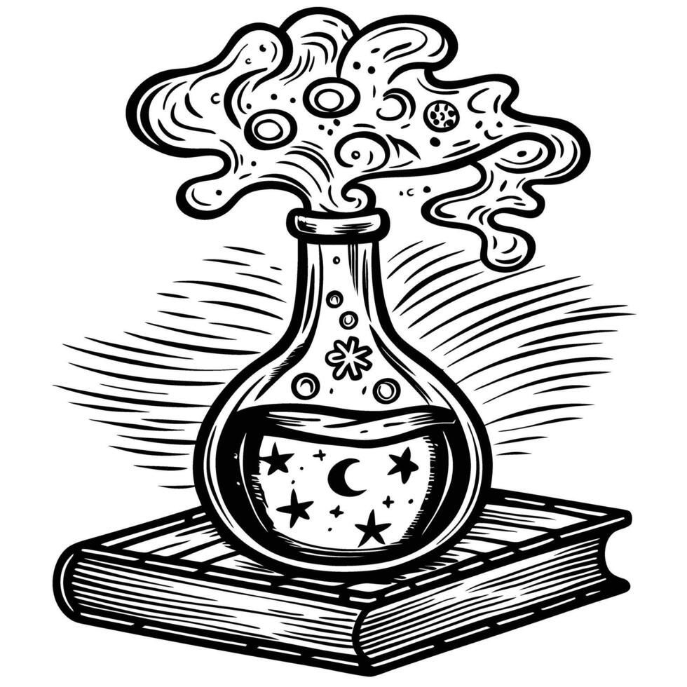 magical potion in flask on book vintage mystical alchemy illustration with stars, moon, and smoke vector