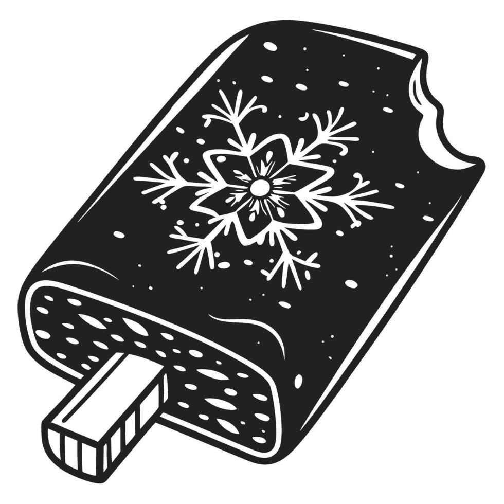 woodcut ice cream bar with snowflake design and a bite taken out vector