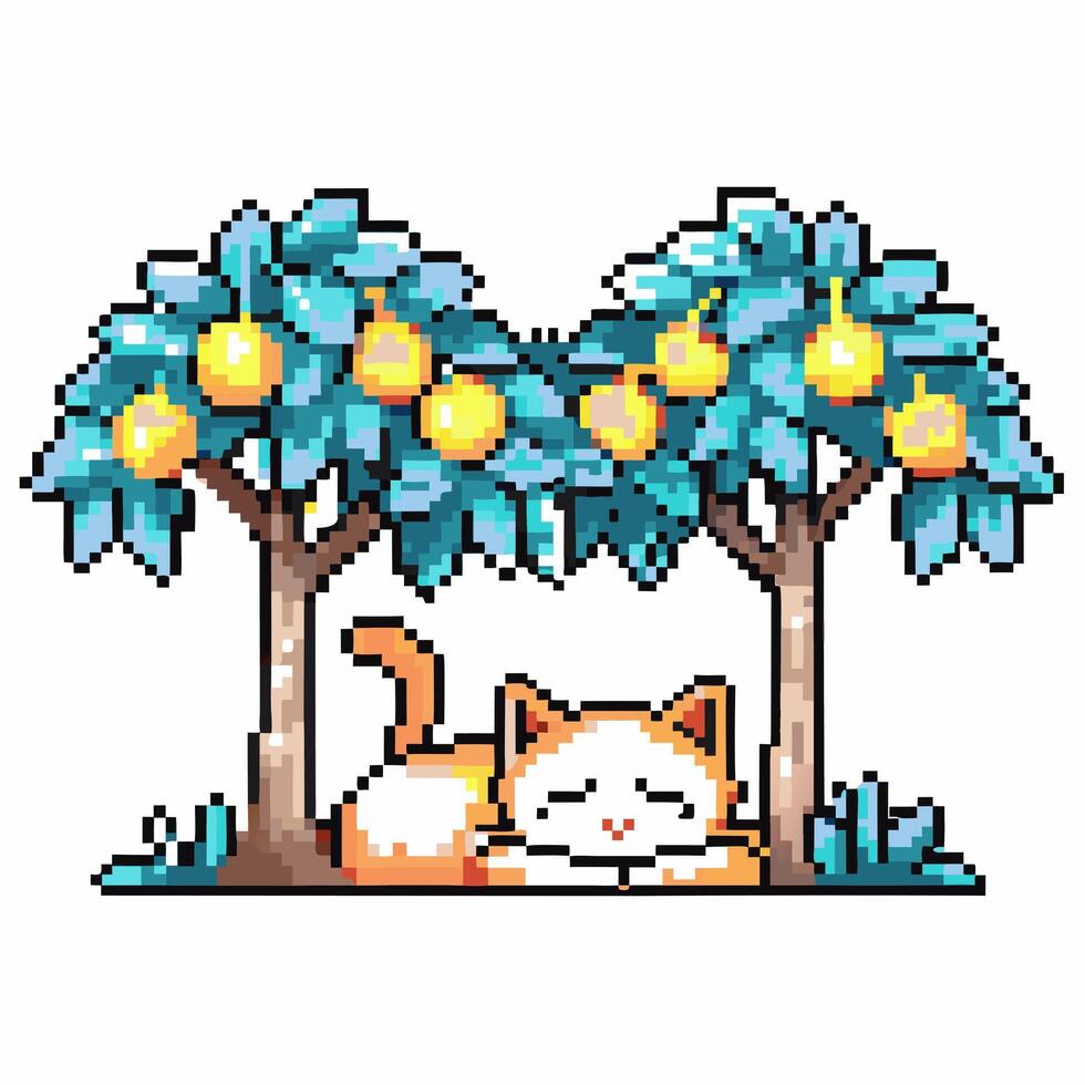 pixel cat relaxing under lemon trees cute digital art, summer fun concept, pixelated nature scene vector