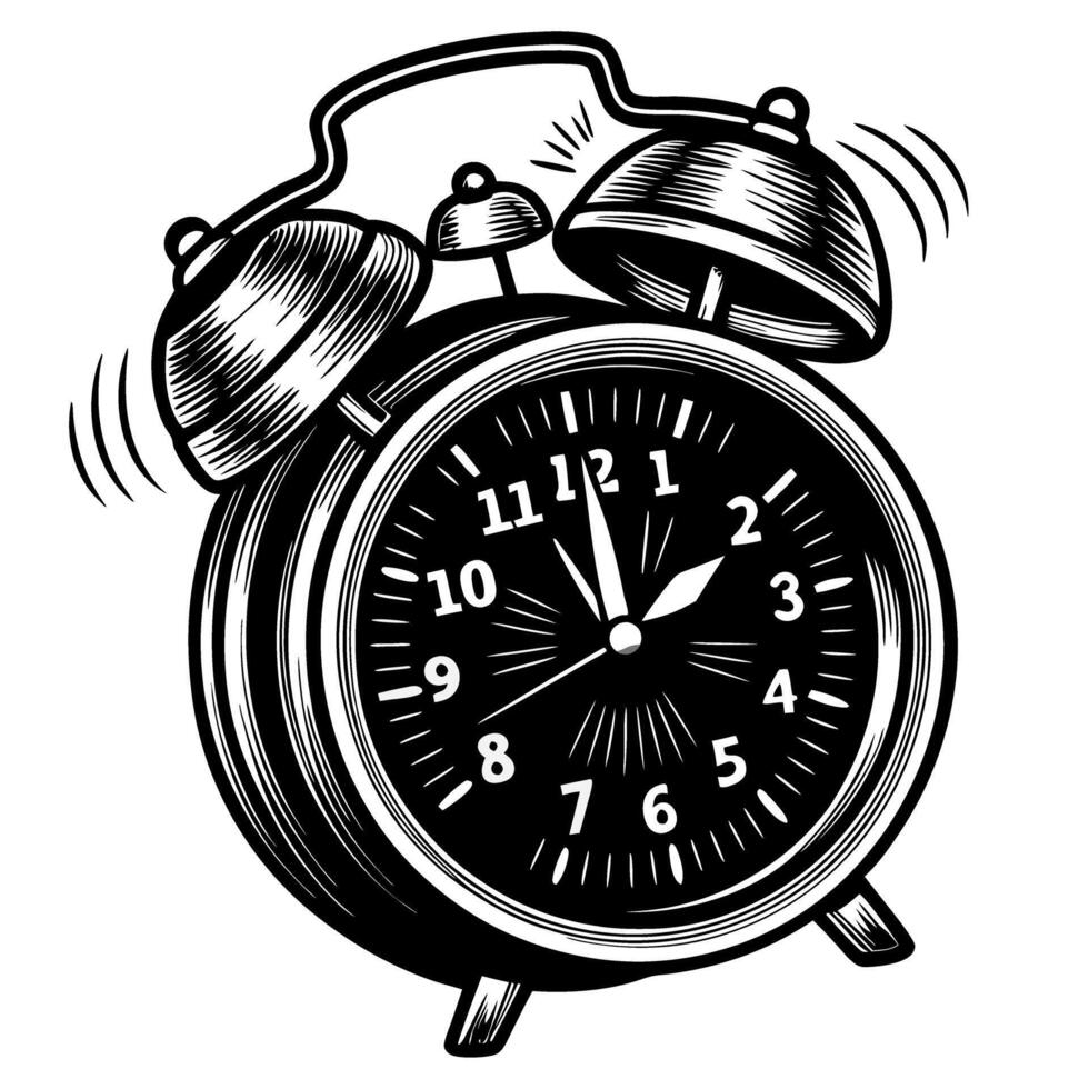 vintage alarm clock illustration retro bell clock with ringing effect, classic timepiece design vector