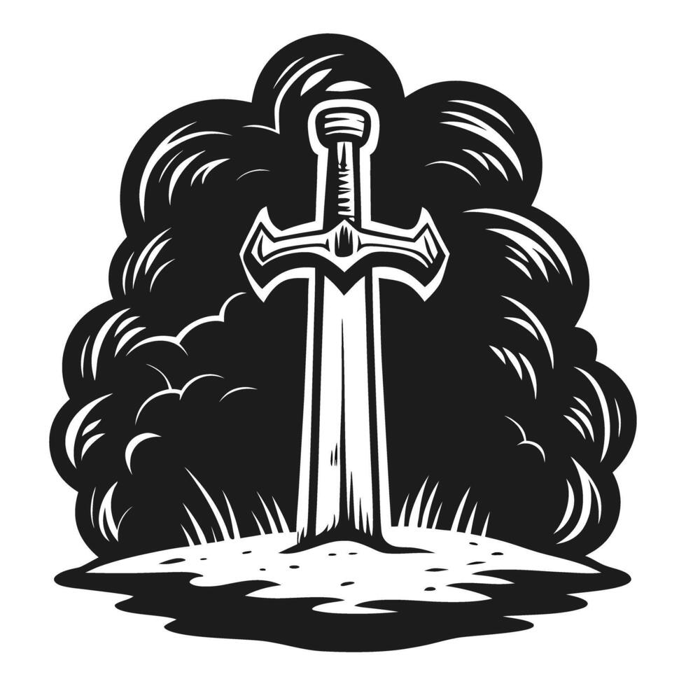 legendary sword in stone illustration iconic medieval weapon mystical artifact in nature setting, fantasy concept vector