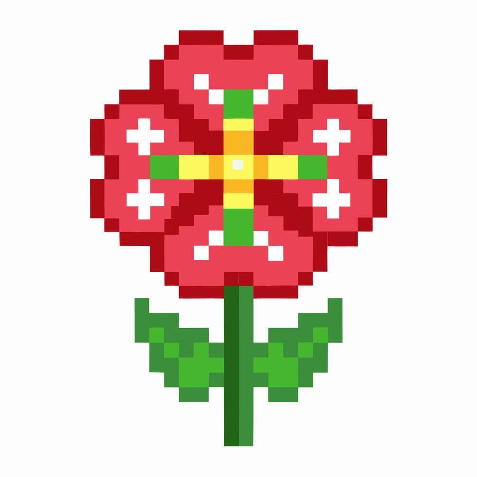 Pixel art flower with red petals and green stem geometric design, cross pattern, classic digital graphics vector