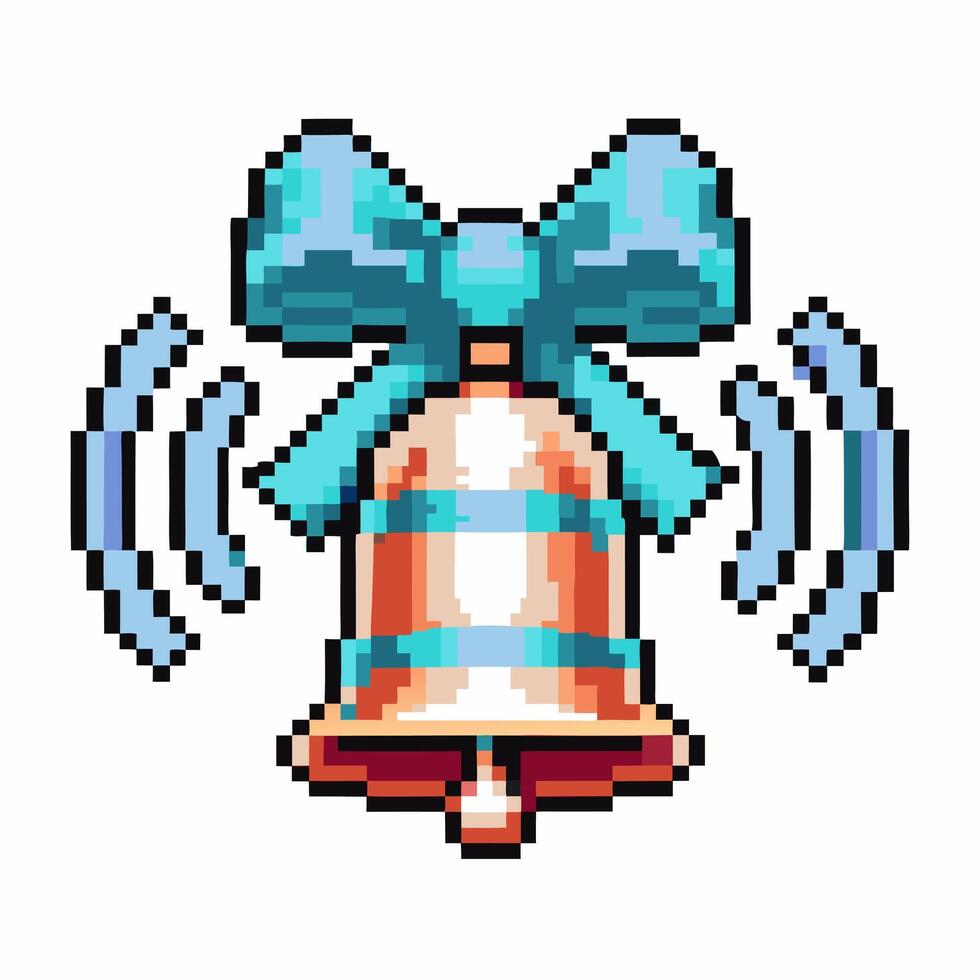 pixel art bell with ringing lines, blue ribbon tied retro illustration for notifications, alert concept vector