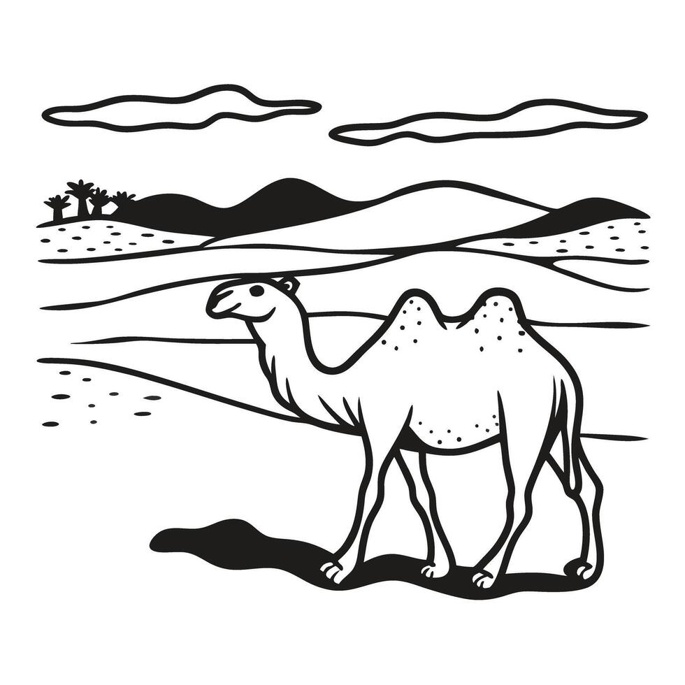 desert landscape with camel, dunes and palms under cloudy sky monochrome illustration of middle eastern scenery vector