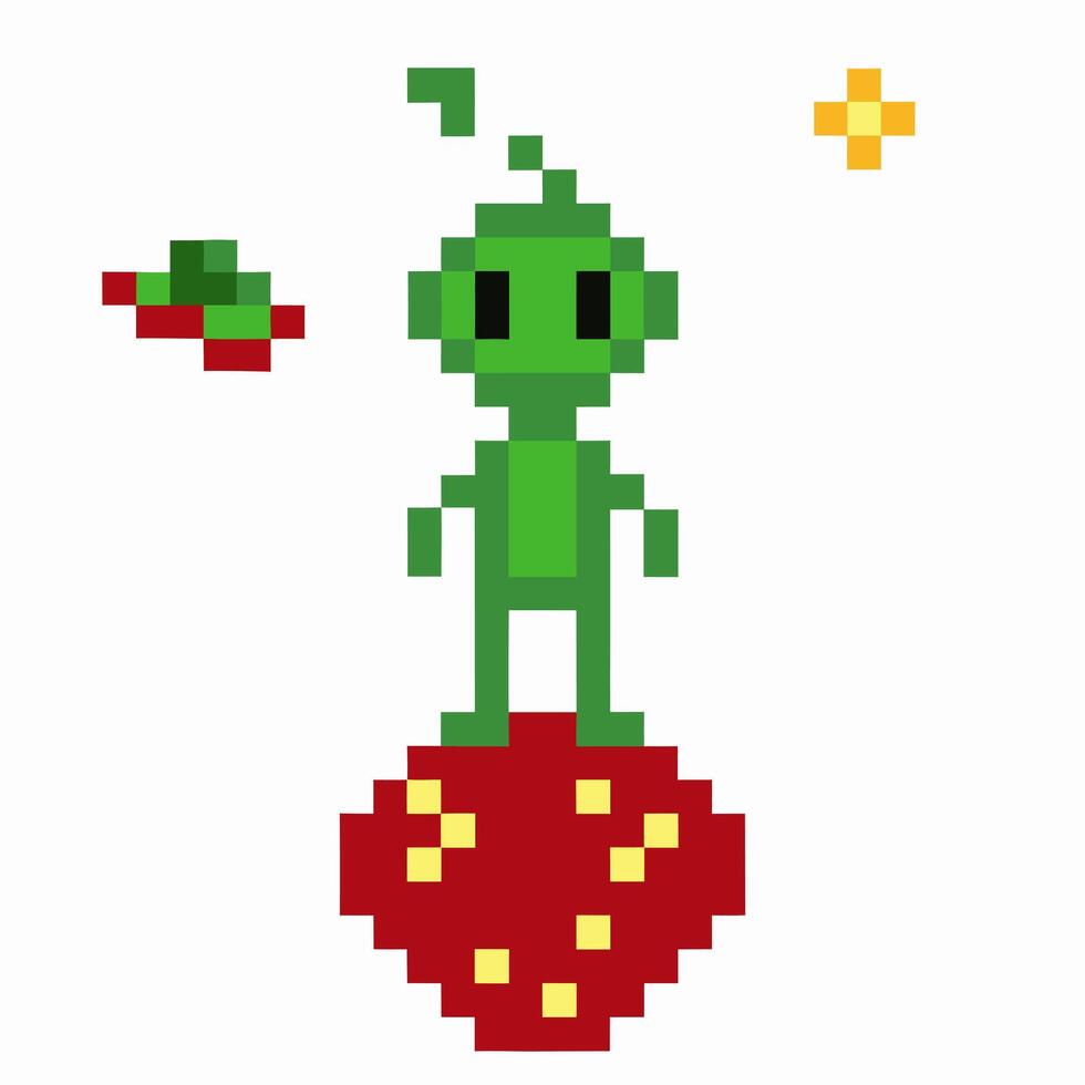 pixelated green alien on red planet with spaceship and stars, retro 8 bit space design vector
