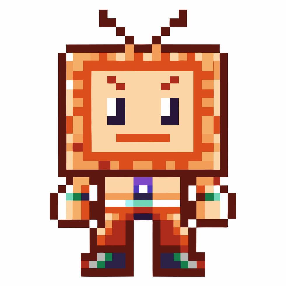 Pixel art character with television head and determined expression retro game style, blocky, colorful design vector