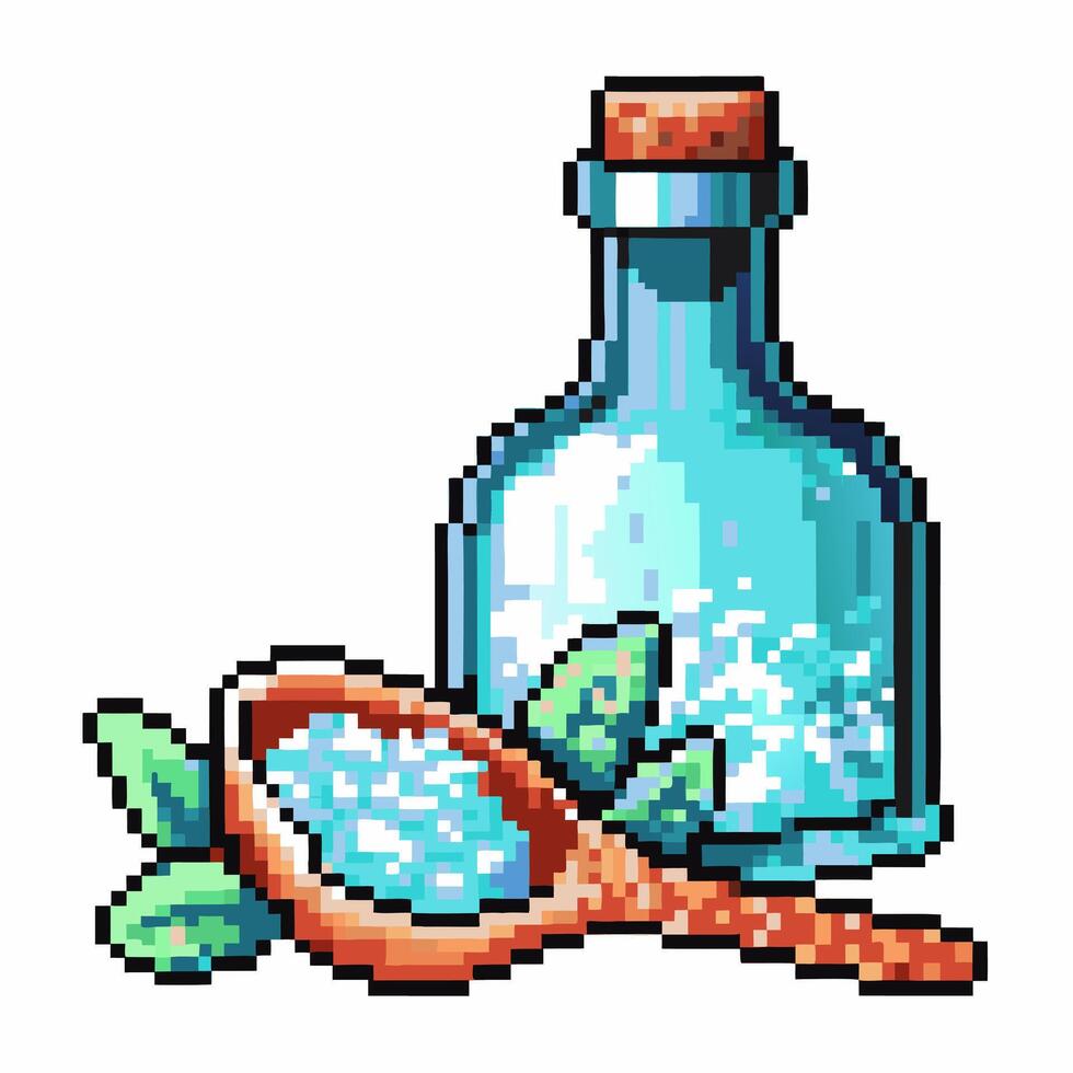 Pixel art potion bottle with leaves and spoon vintage fantasy magic elixir graphic vector