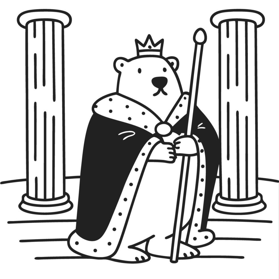 Royal bear in robe and crown holding scepter in classic pillared hall illustration vector