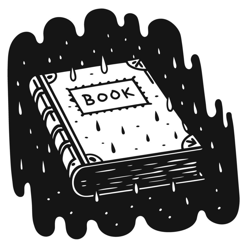 retro sketch of a book under rain vintage illustration with drops, monochrome in black and white vector