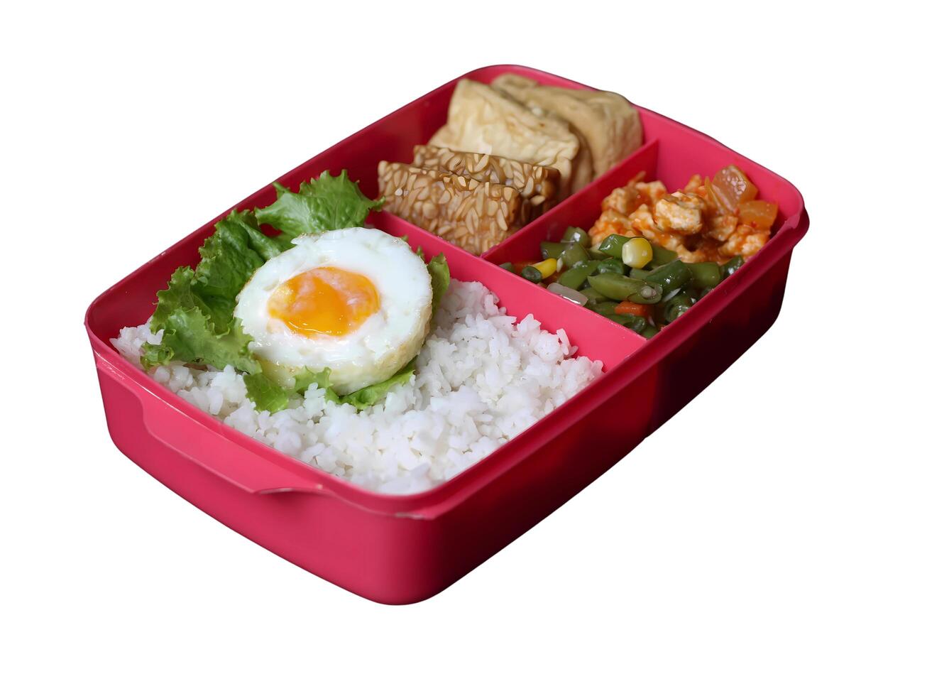 Balanced nutritious food consisting rice, egg, tofu, tempeh, and vegetables, served on lunch box, suitable for students health, isolated white photo