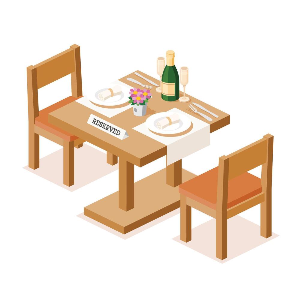Romantic dinner setup for two. Reserved table with champagne, glasses, flowers, and cutlery on a wooden table. Plates with rolled napkins. Perfect atmosphere for a special evening. vector
