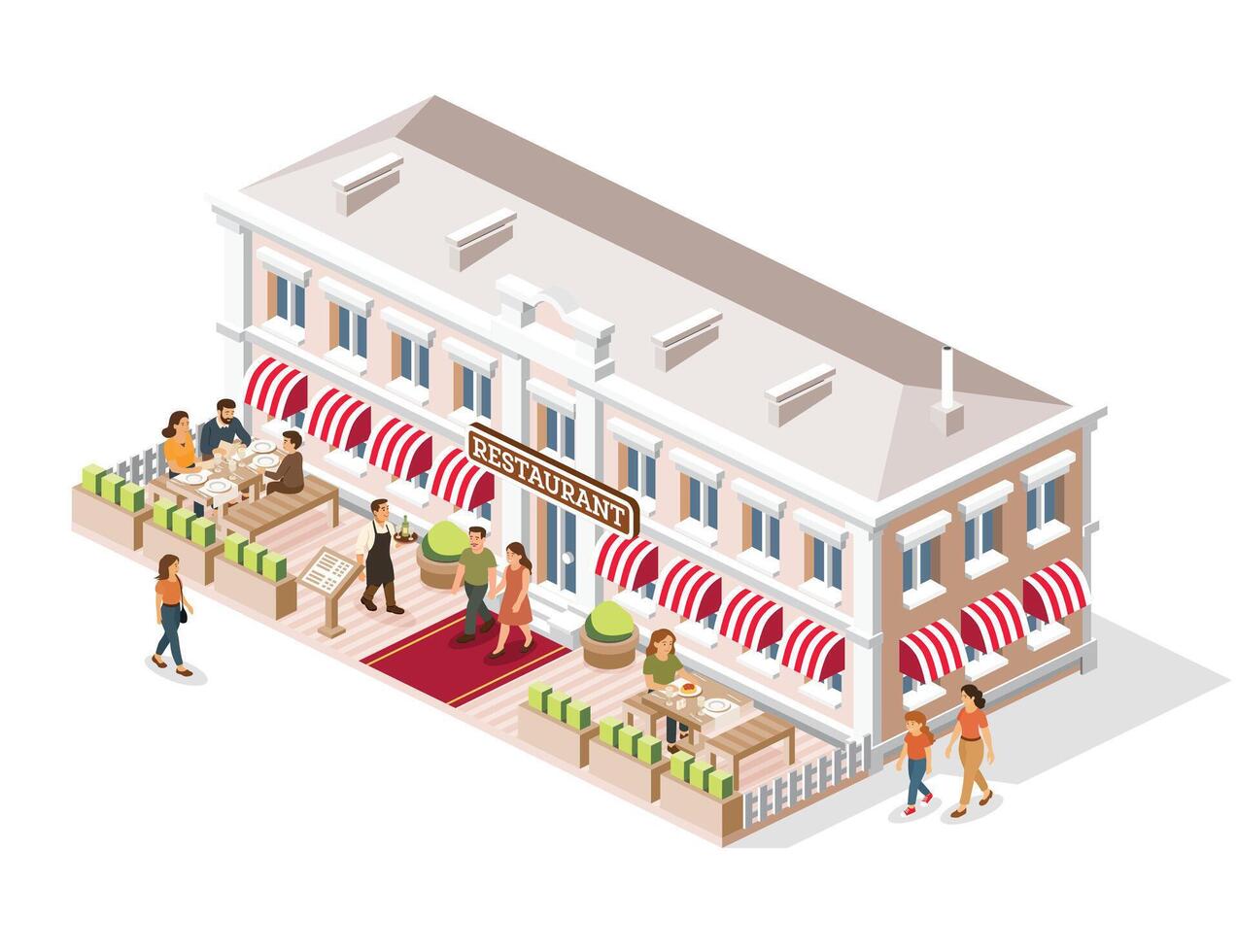 Isometric street restaurant with outdoor terrace, people dining and walking, waiter, menu stand, red carpet, striped awnings, rooftop details, greenery in planters. Urban hospitality scene. vector