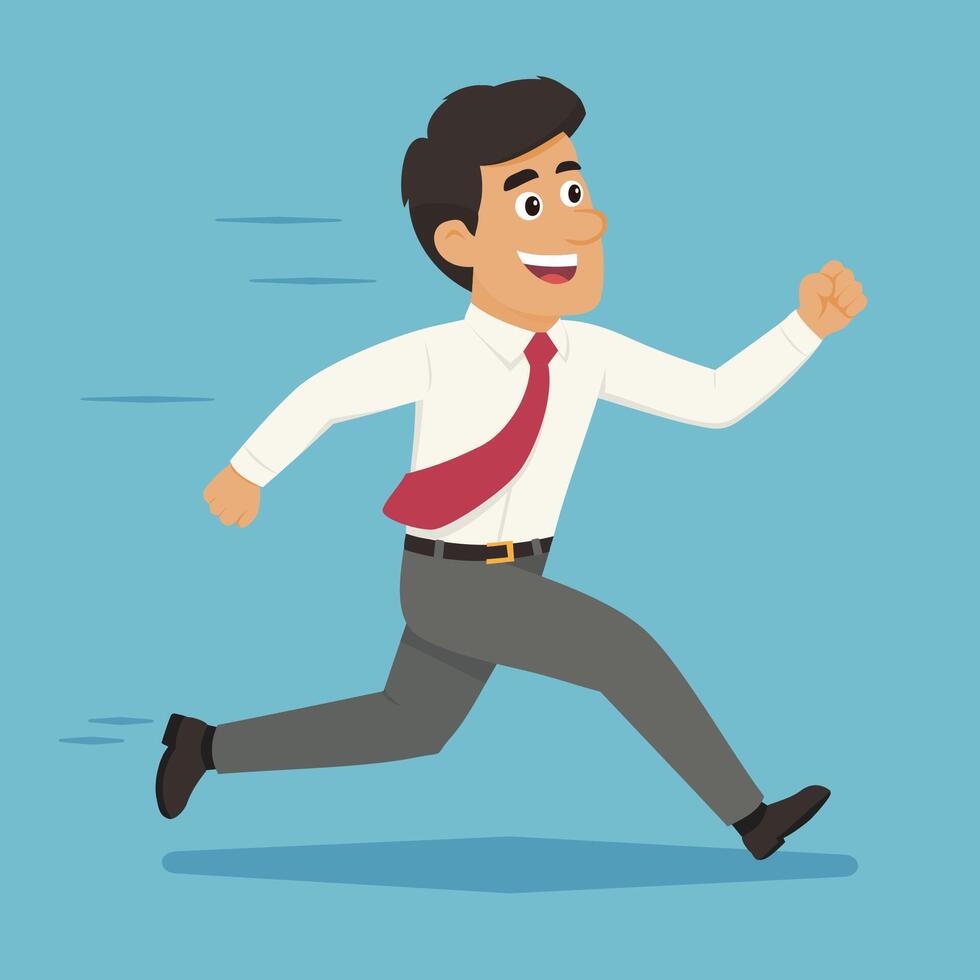 Energetic cartoon businessman running in office attire on blue background with motion lines and red tie. Speed, motivation, and urgency. vector