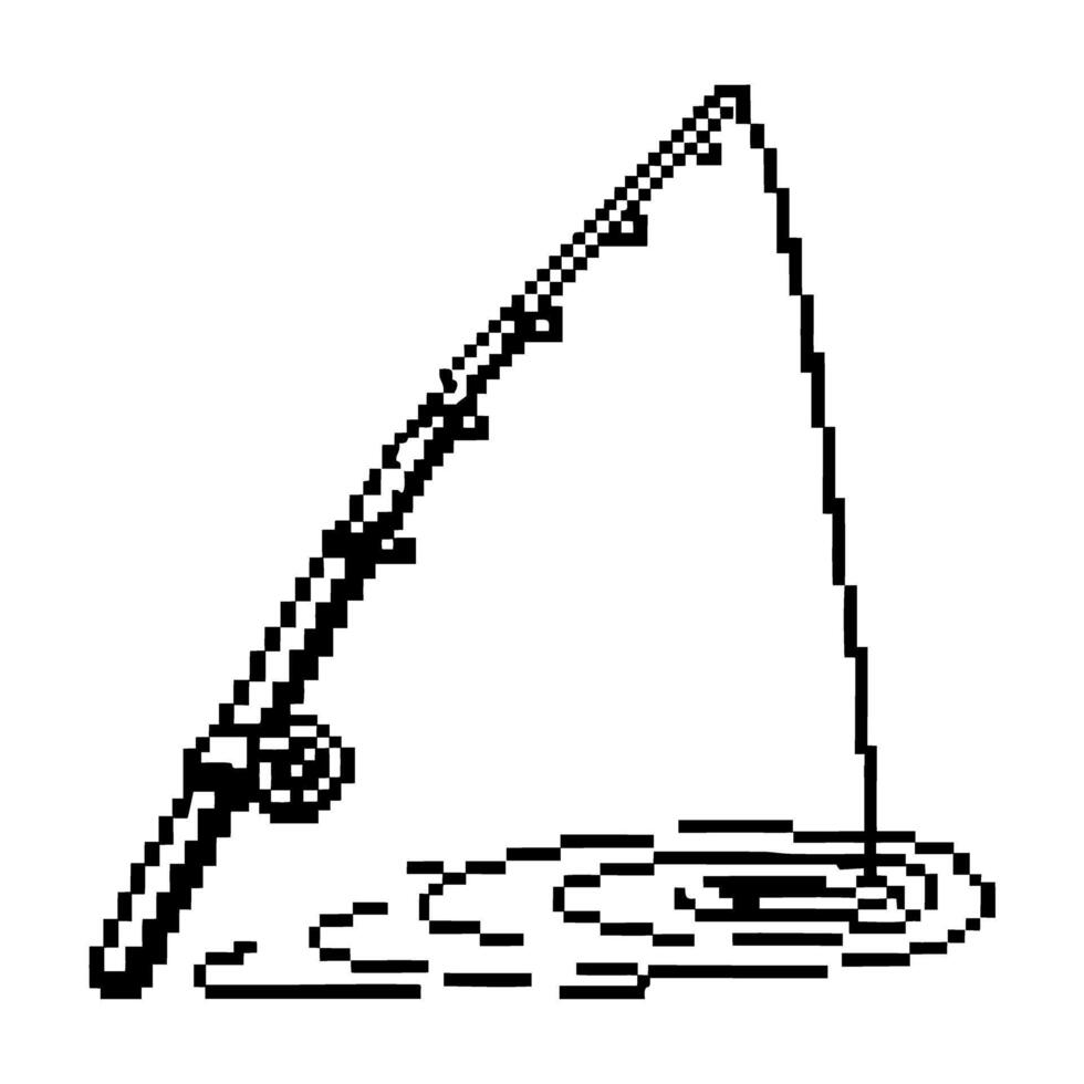 Minimalist pixel art fishing rod casting line on water for digital design vector