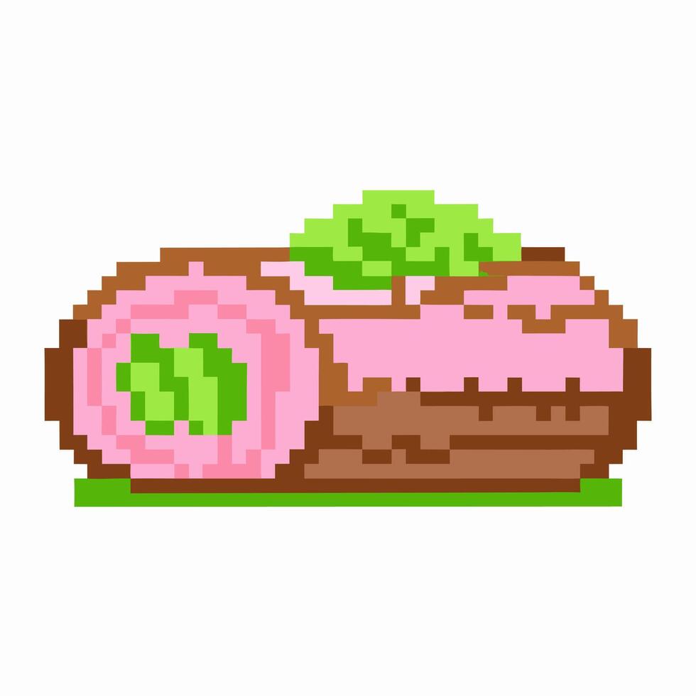 pixel art sushi roll with leaf garnish retro gaming style, decorative digital illustration japanese cuisine and cultural art fusion vector