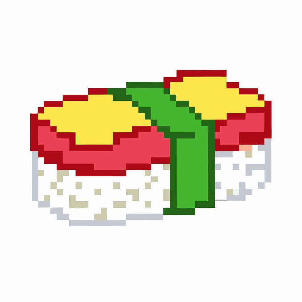 Pixel art sushi piece with red and yellow toppings, green wrap, and rice base vector