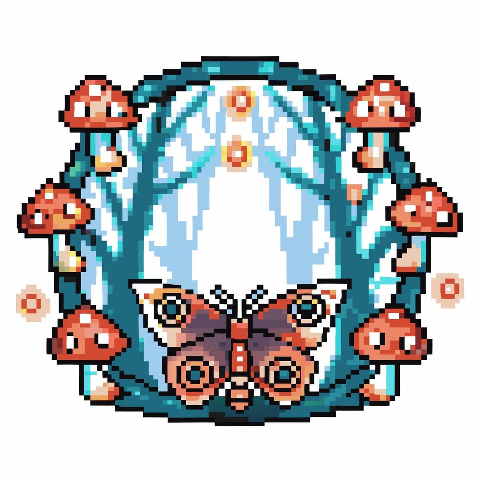 retro pixel art butterfly and mushrooms in enchanted forest digital fantasy nature scene vector