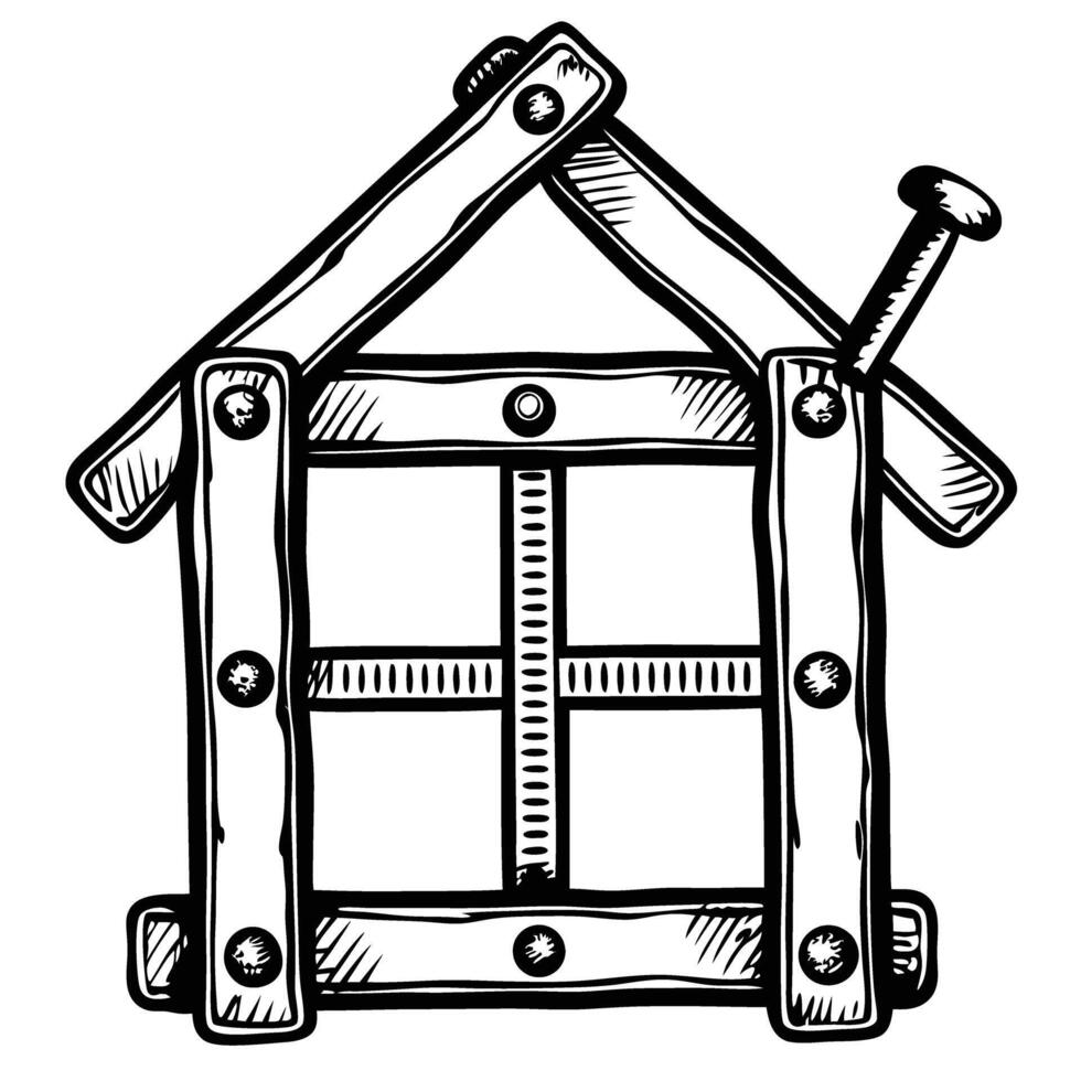 abstract wooden house structure, simple construction with nails and planks, monochrome hand drawn vector