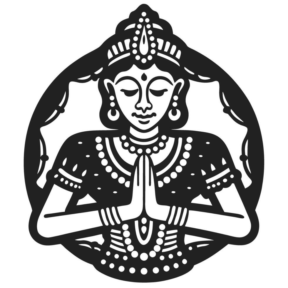 black and white meditative figure in traditional attire with hands in prayer calm, serene, spiritual design vector