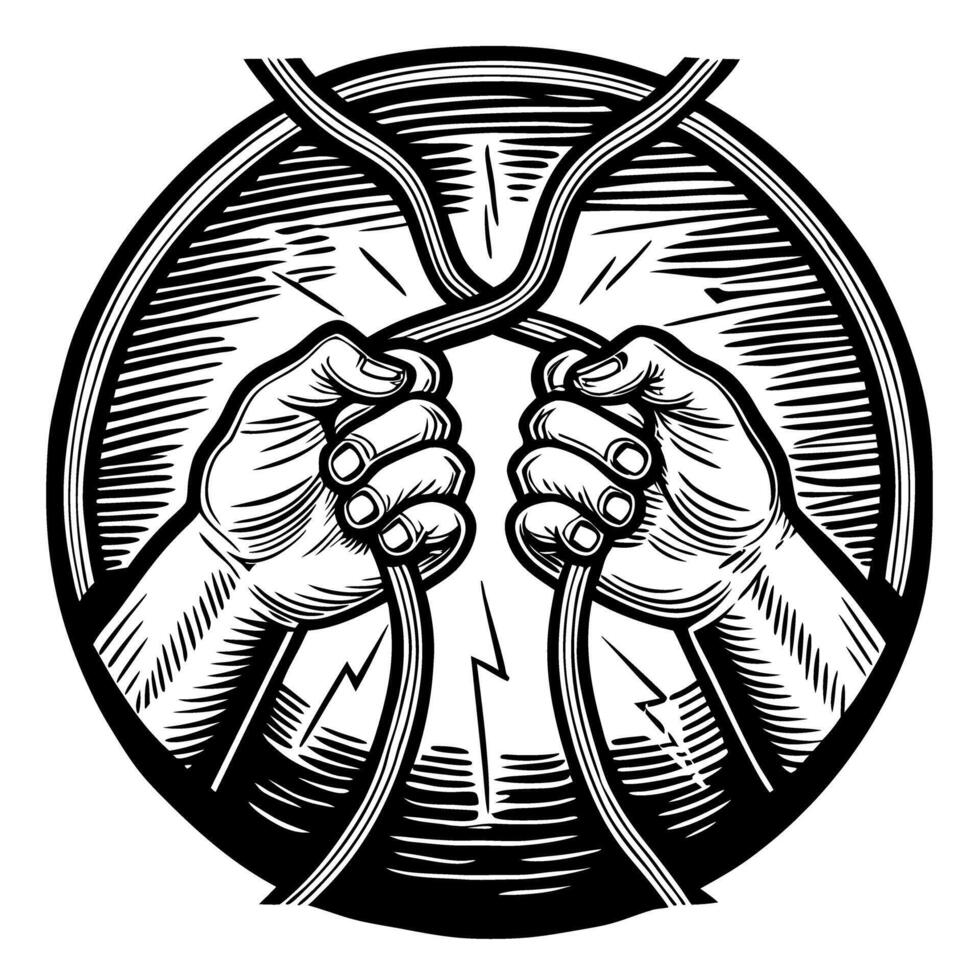 retro hands gripping intertwined cables, monochrome illustration power, strength, unity concept vector