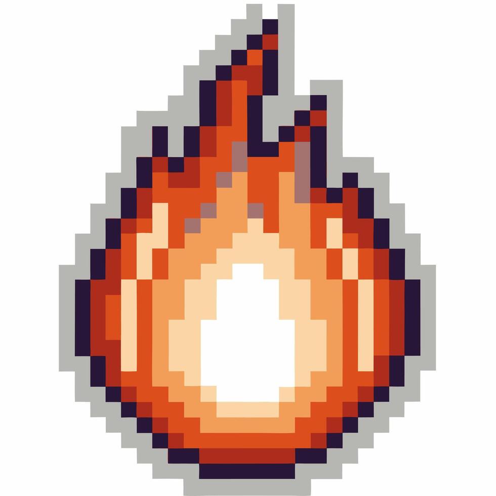 Pixelated flame icon retro game fire, digital art, bright orange and red blaze vector