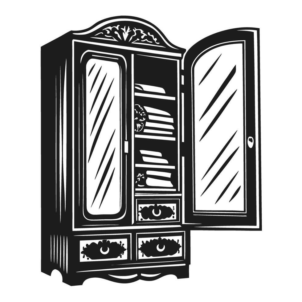 Vintage wardrobe illustration, elegant antique cabinet with open doors and shelves vector
