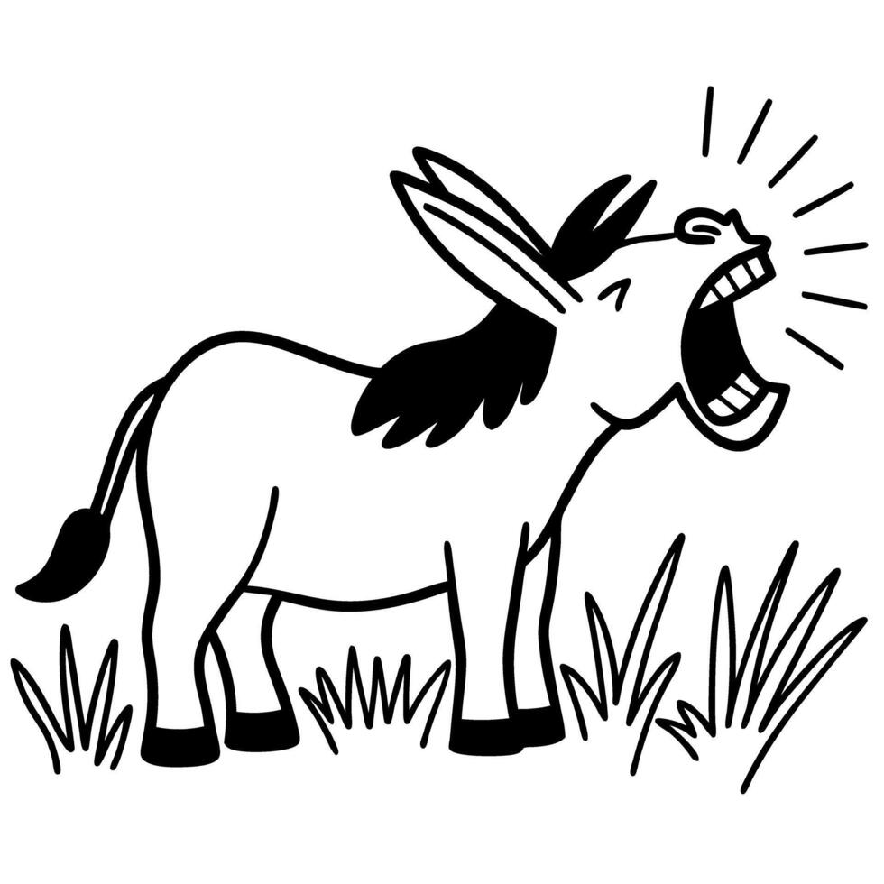 illustration of a braying donkey in a field with grass, expressive animal art, monochrome design vector