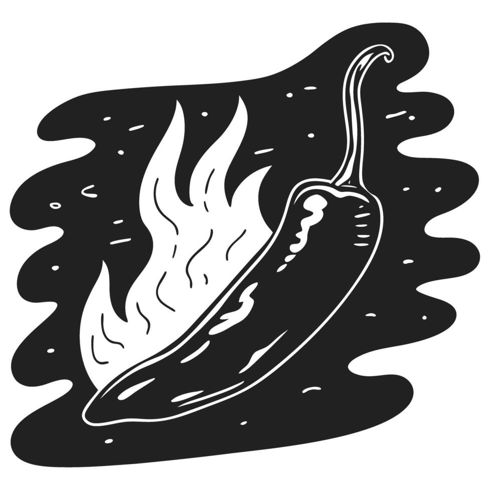 spicy pepper illustration artistic hot chili with flame, bold black and white vector