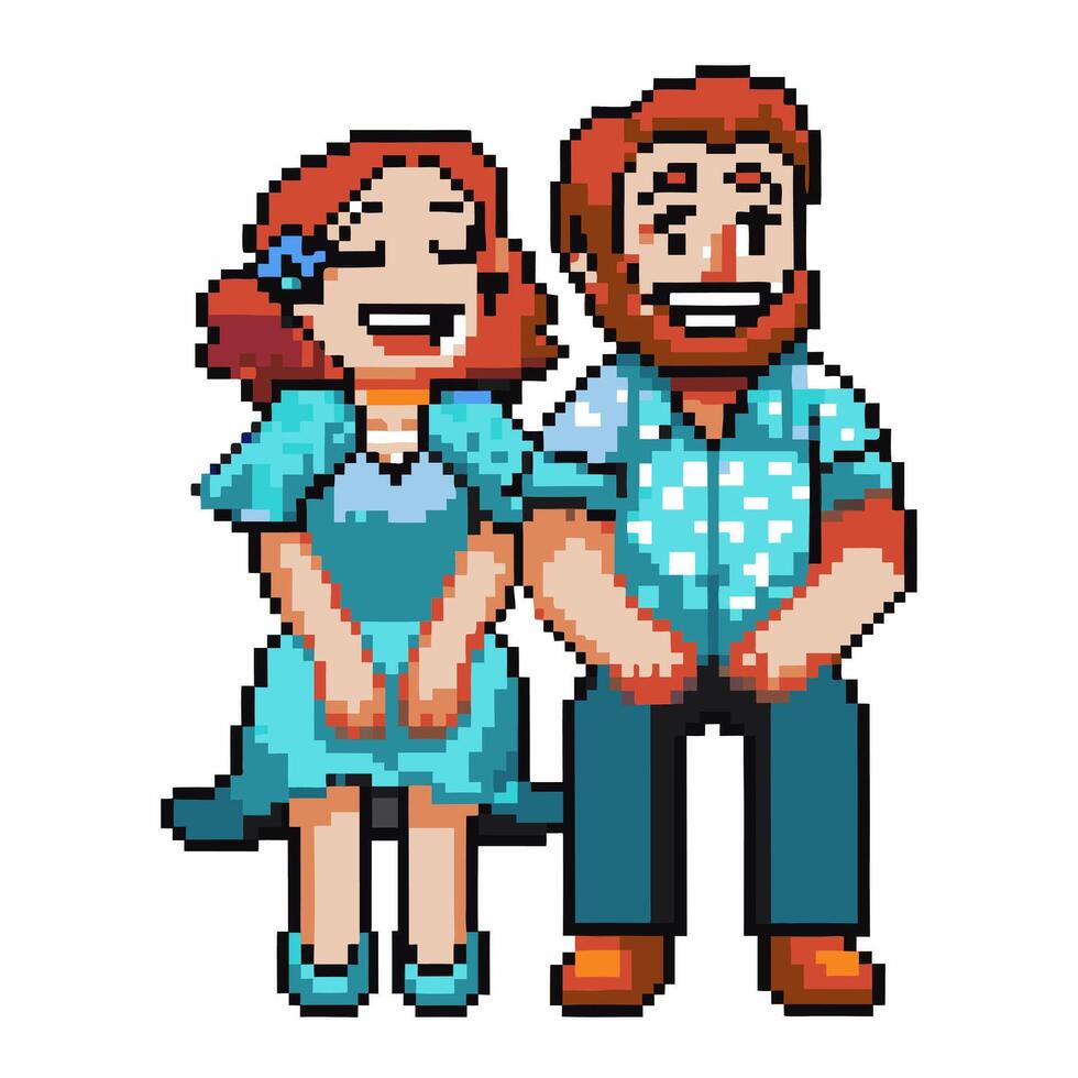 pixel art couple smiling retro characters, joy and happiness vector