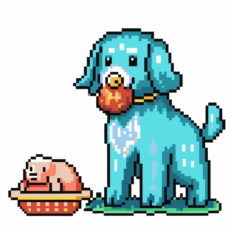 pixelated blue dog carrying potion with sitting piglet in basket, retro game art vector