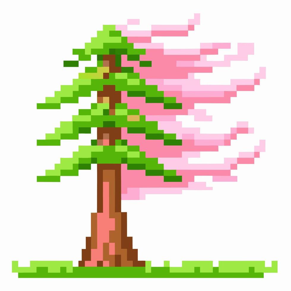 pixel art pine tree with pink cherry blossoms retro digital nature illustration, wind blown vector