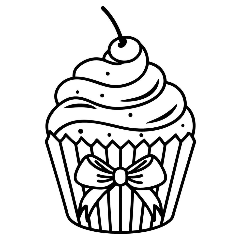 outlined cupcake with cherry on top, decorative bow black and white dessert illustration for coloring vector