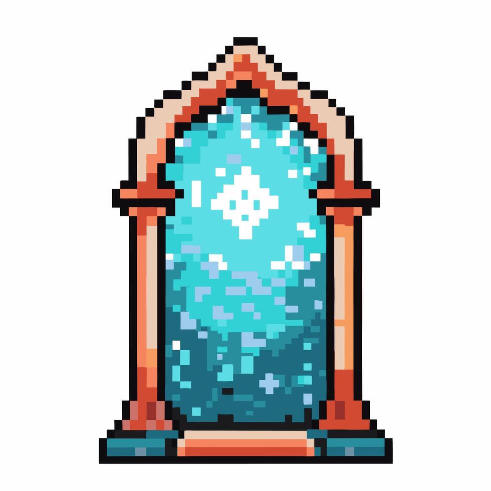 Pixel art fantasy portal with glowing mystery magical entrance in retro game style, mystical adventure vector