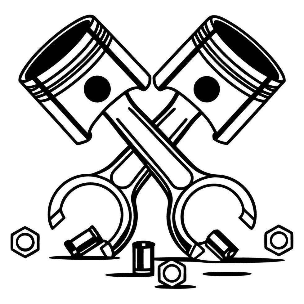 Crossed pistons and wrenches with nuts and bolts mechanical engineering, automotive repair illustration vector
