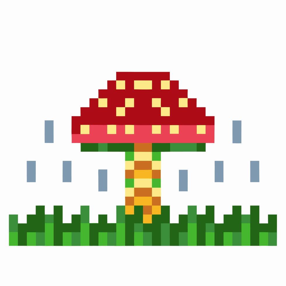 Pixel art mushroom with red cap in a grassy field with rain drops vector