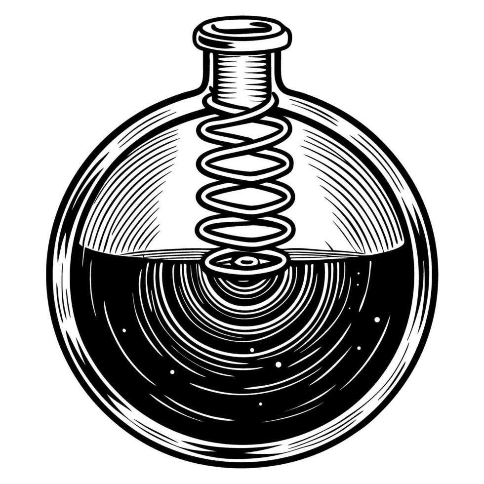 vintage laboratory flask with liquid spiral, science illustration vector