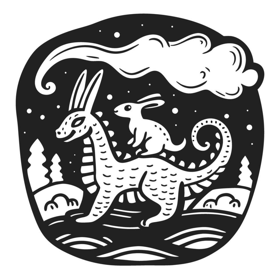 fantastical creature and rabbit under night sky whimsical black and white illustration with mythical elements vector
