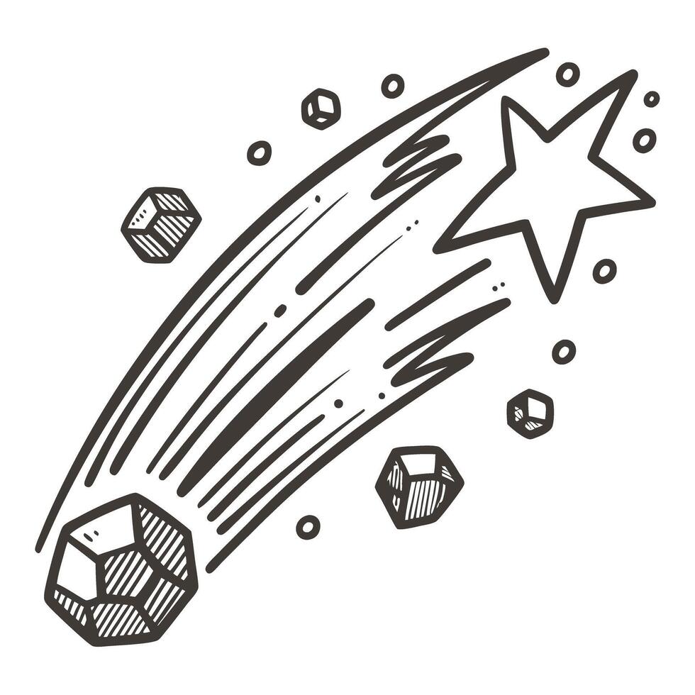 hand drawn comet streaking through space with star and asteroids celestial objects in cosmic motion, astronomy illustration vector