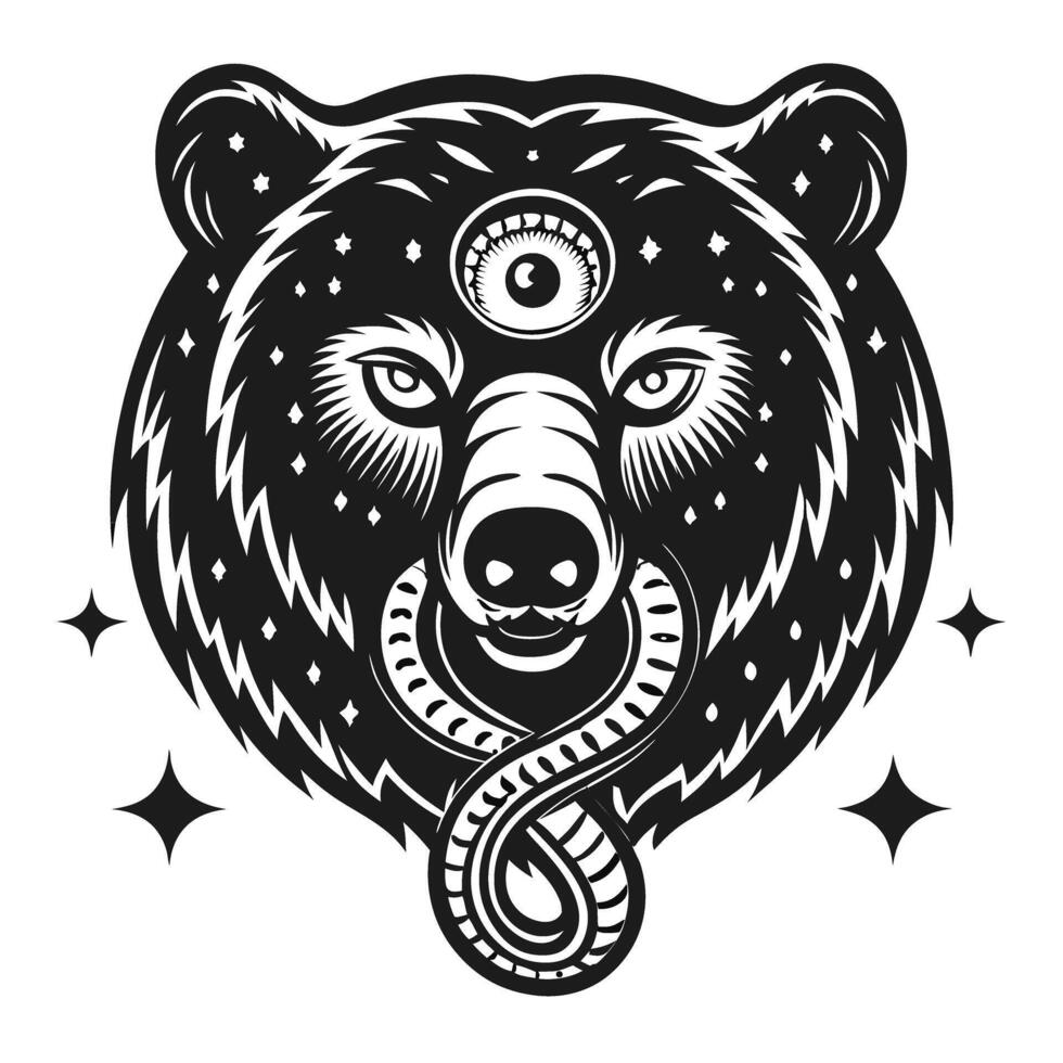 intricate bear and snake design mystical third eye symbolism with starry accents in black and white artwork vector