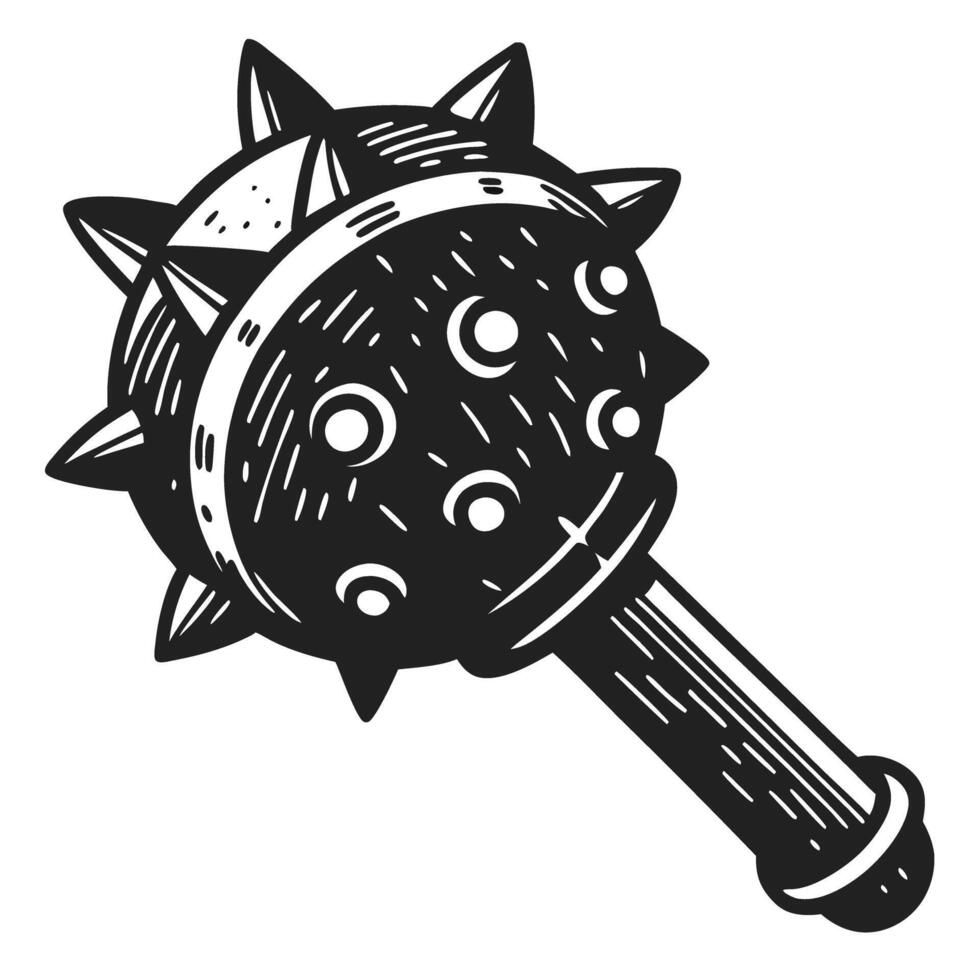 medieval mace weapon illustration spiked club, ancient warfare tool, monochrome woodcut art vector