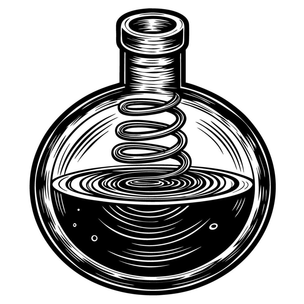 alchemy flask with spiral coil and liquid vintage science illustration in black and white vector