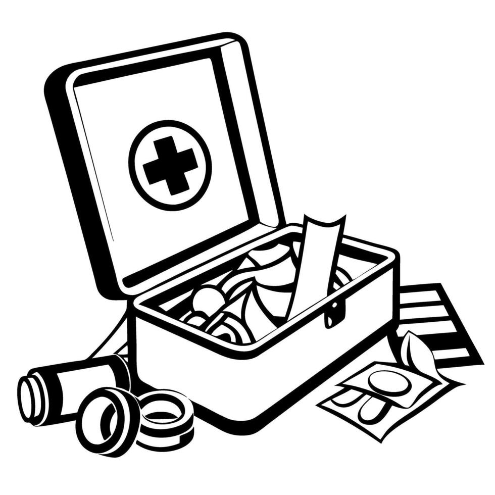 first aid kit open with medical supplies emergency care essentials, healthcare safety concept, monochrome illustration vector