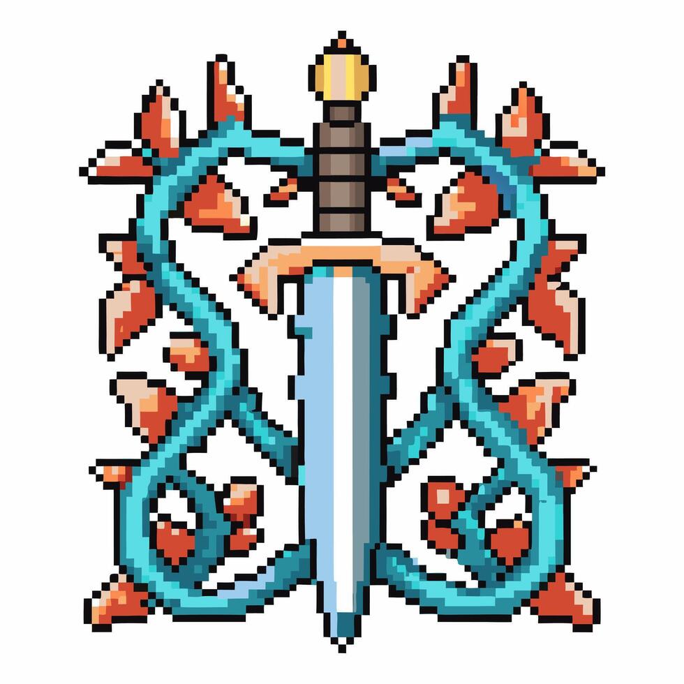 Pixel art sword wrapped in thorns retro fantasy weapon design vector