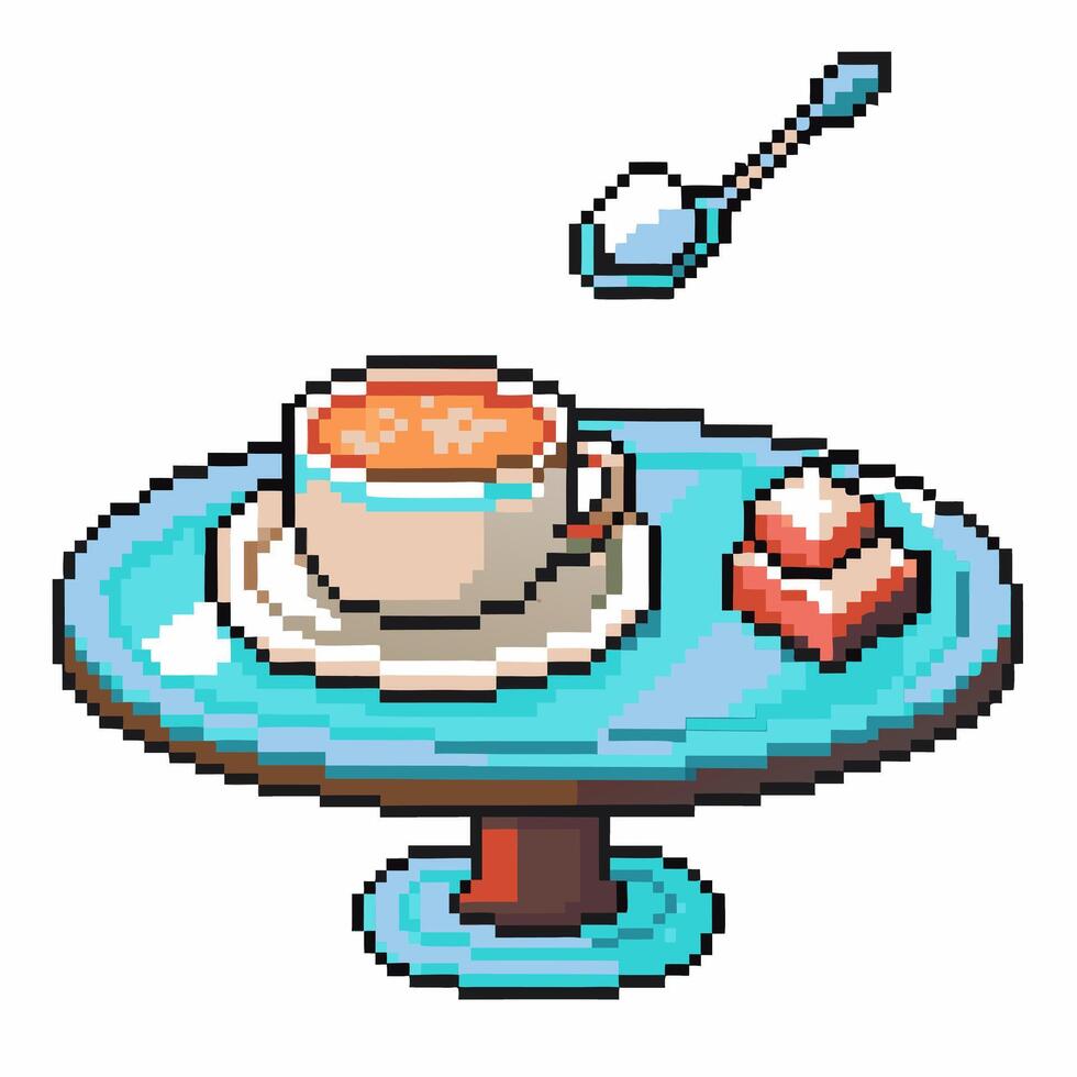 Pixel art coffee with sugar cube on blue table vector