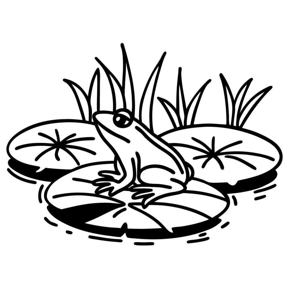 line art frog sitting on lily pad surrounded by grass and water minimalist nature illustration, simple black and white design vector