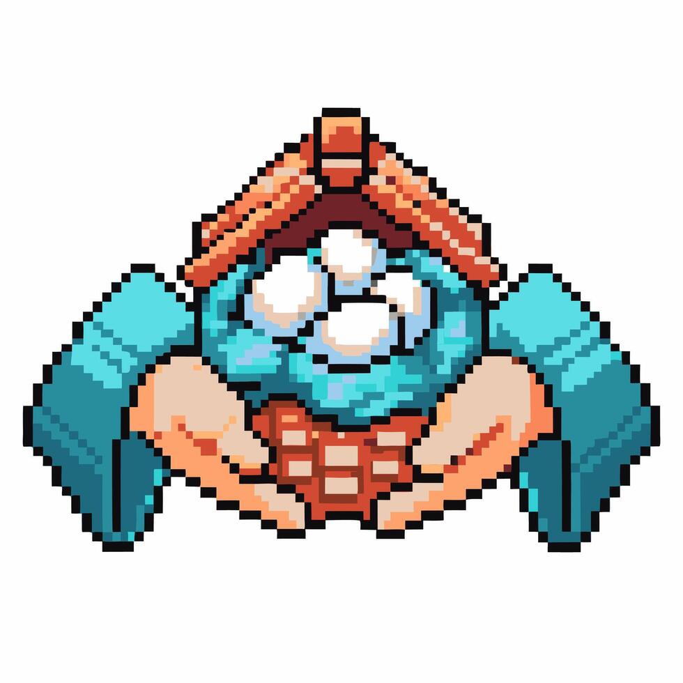 Pixel art hands holding a cloud, symbolizing digital storage and technology connectivity vector