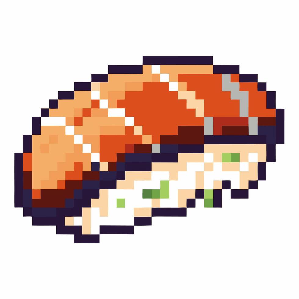 pixel art sushi piece tuna nigiri with rice and nori seaweed details retro digital food illustration vector