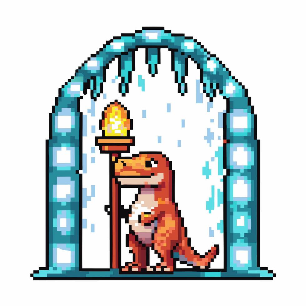 Pixel art dinosaur in ice cave with glowing light vector