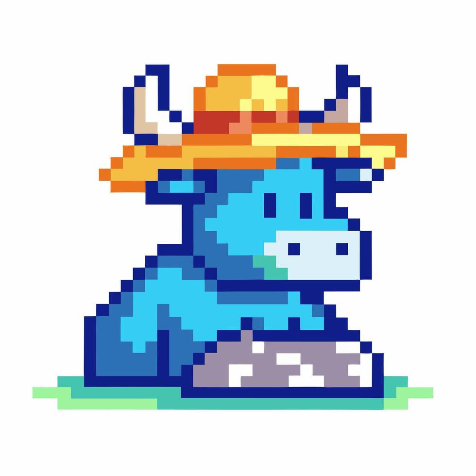 Pixel art blue cow with orange hat, sitting on grass retro game, playful animal, digital illustration vector