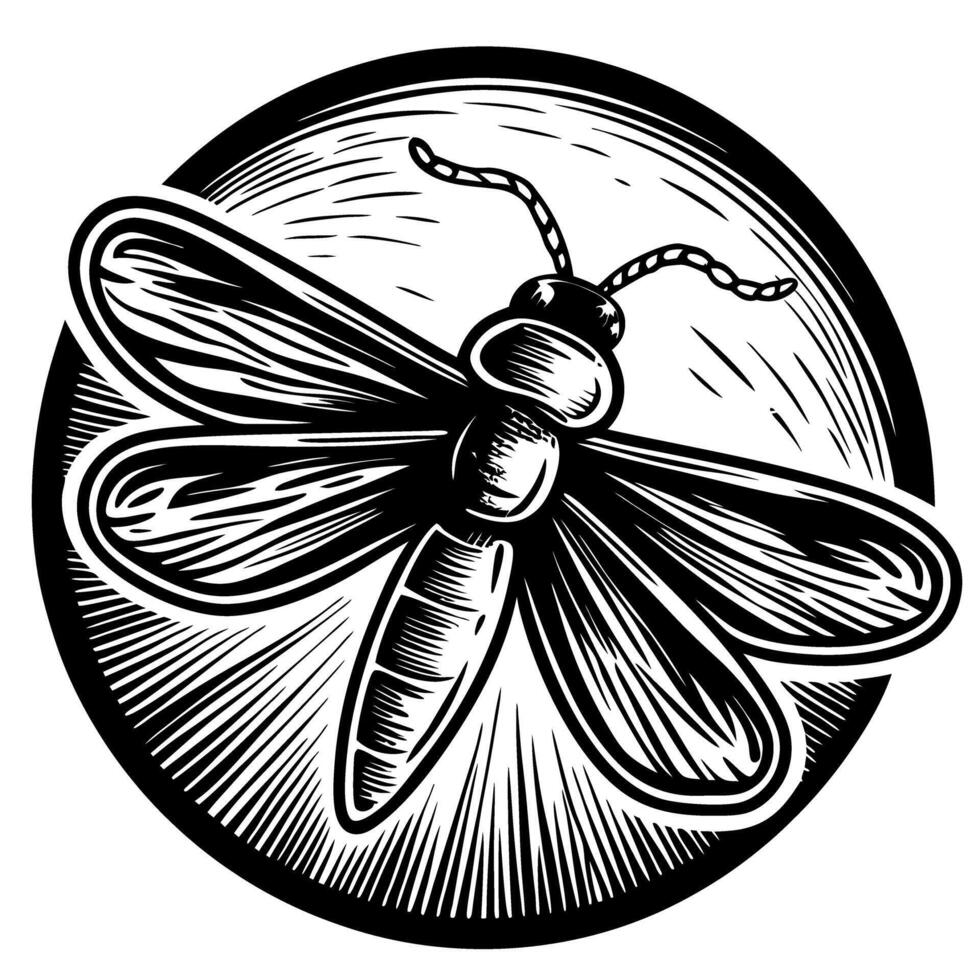 stylized dragonfly illustration in monochrome circle design, intricate line art emphasizing insect details vector
